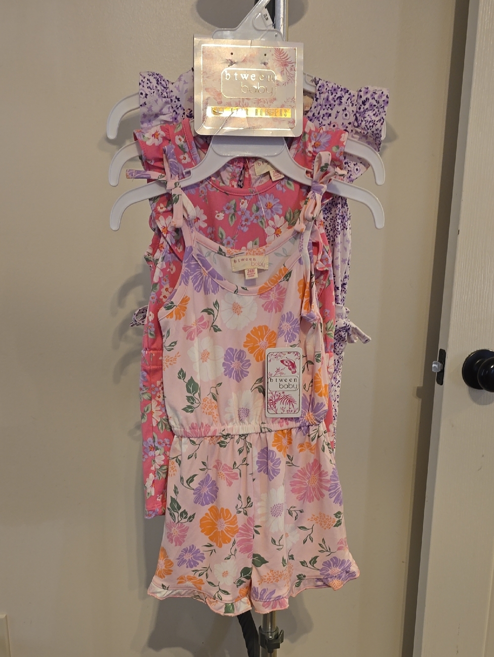 btween Baby Floral Tie-Shoulder Romper in Pink, Purple & Orange